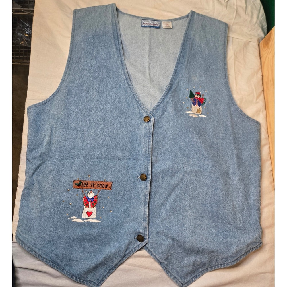 Vintage Faded Gear Denim Christmas Vest XXL Blue Snowman Embroidered 90s Mom